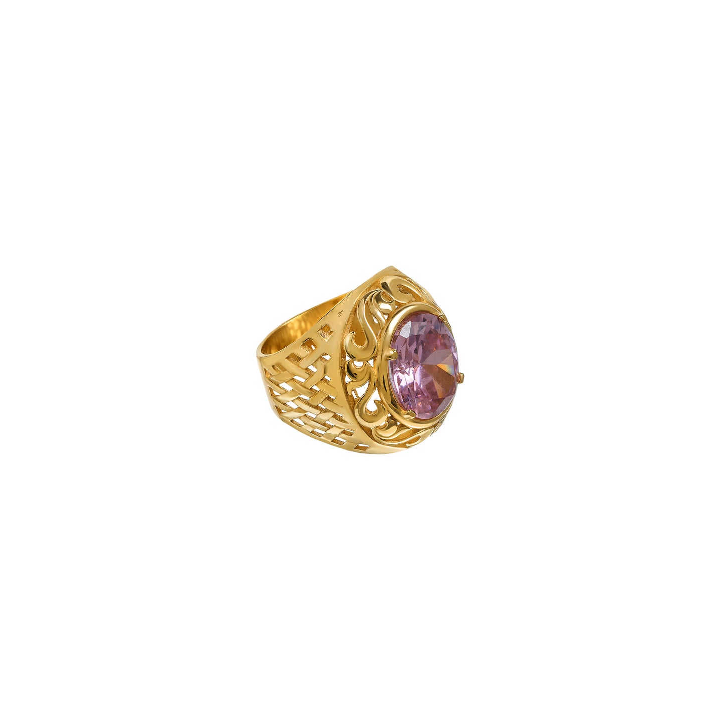 Sygnet Panier Gold Zirconia Pink